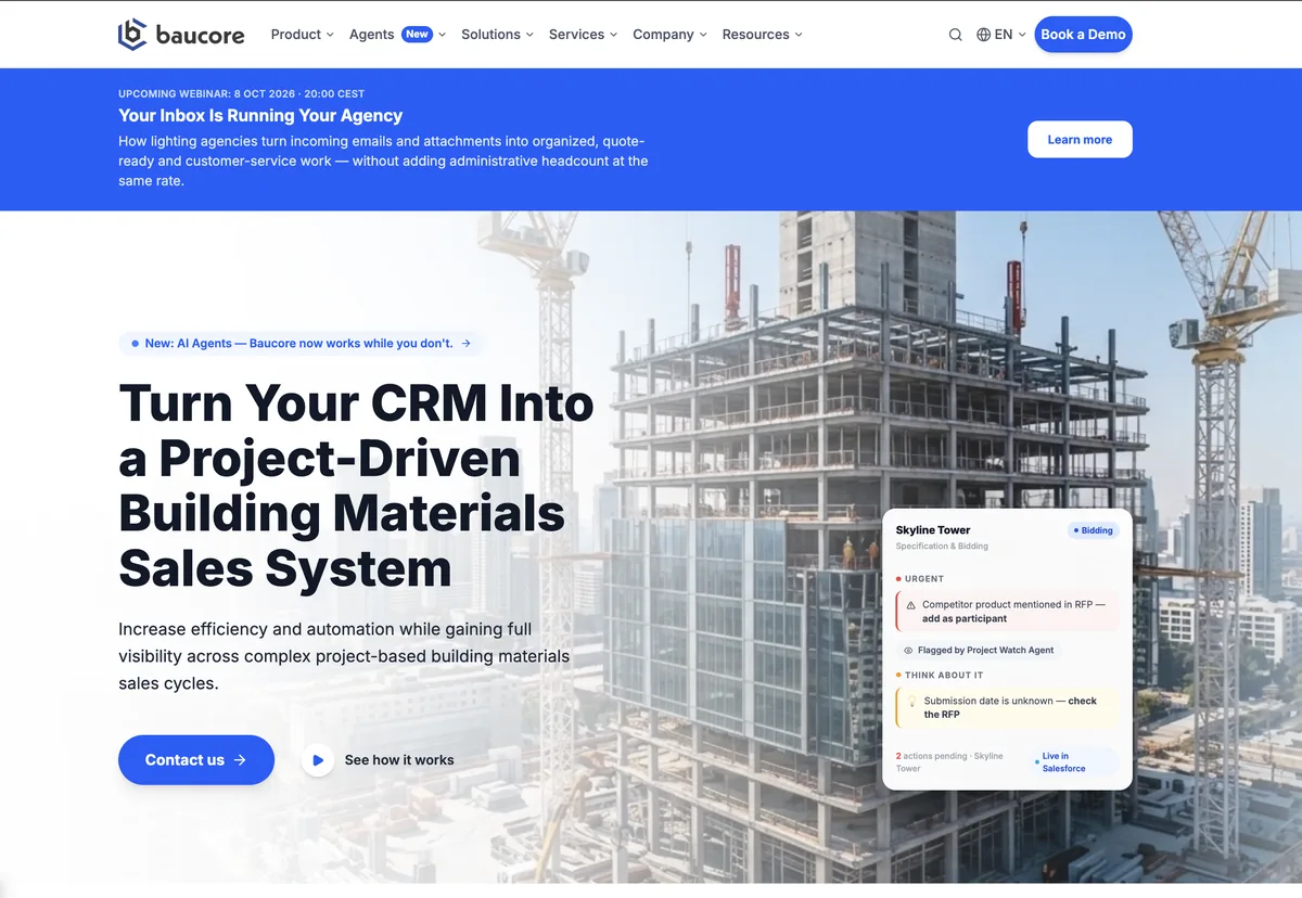 Die Startseite von baucore.app: „Turn Your CRM Into a Project-Driven Building Materials Sales System“.