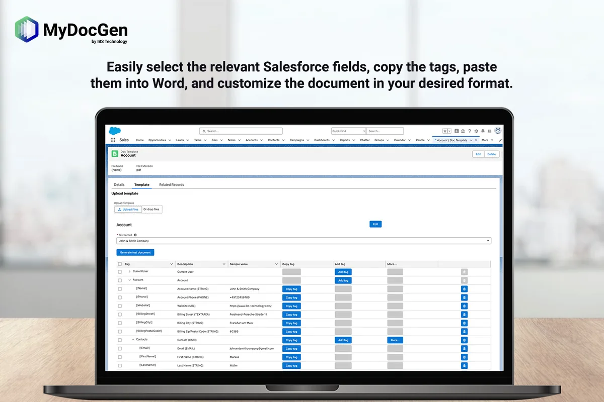 MyDocGen: Auswahl von Salesforce-Feldern für eine Dokumentvorlage, mit Live-Vorschau der Tag-Werte.